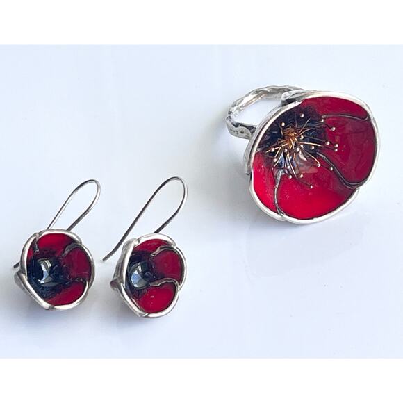 Red Poppy Flower RING & EARRINGS Set 925 Sterling Silver Adjustable Size - Picture 5 of 14